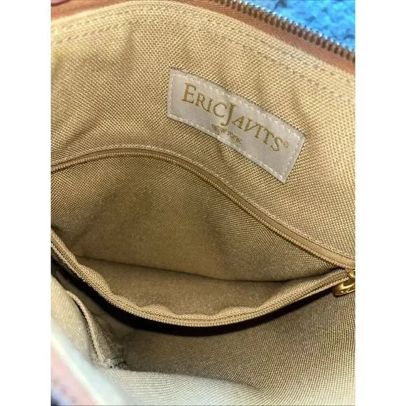 ERIC JAVIT Brown Beige Woven Straw Shoulder Crossbody Bag Leather Strap - Picture 11 of 12